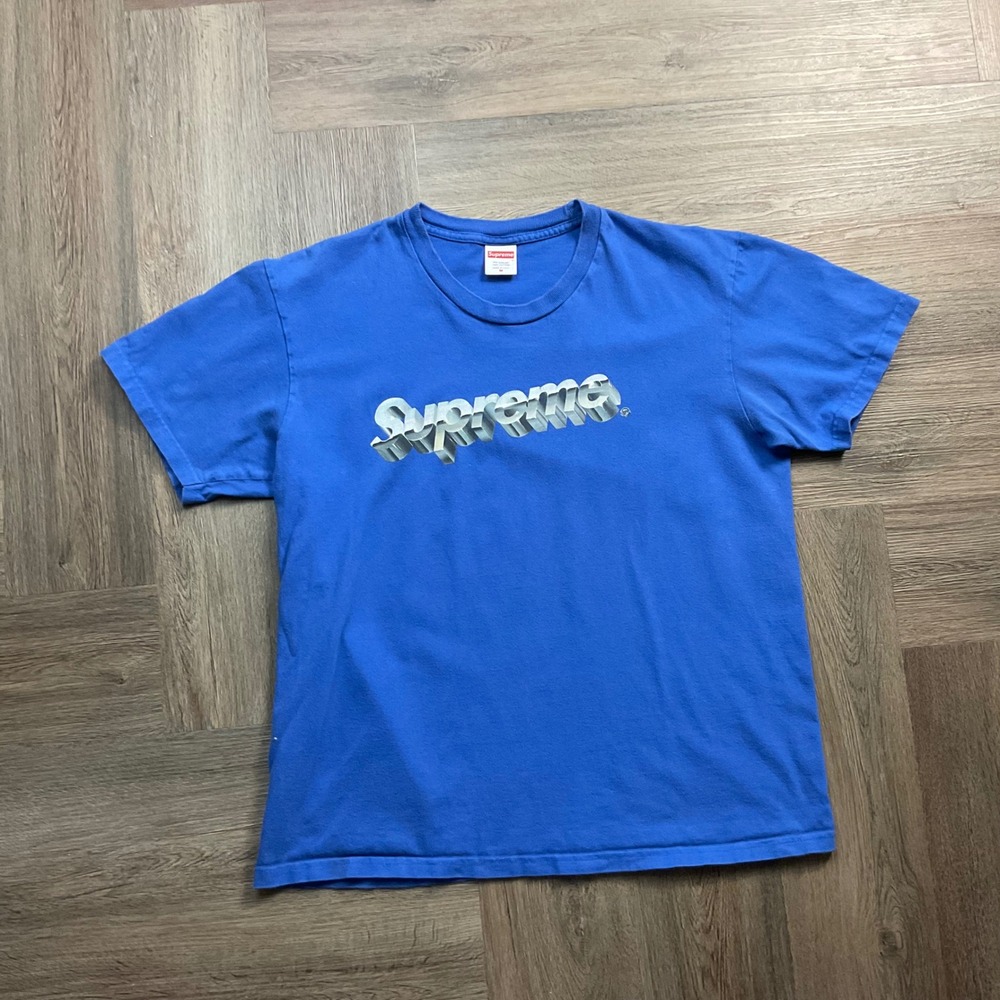 Supreme Chrome Logo Graphic T Shirt Blue Mens Medium SS21 Streetwear USA Made